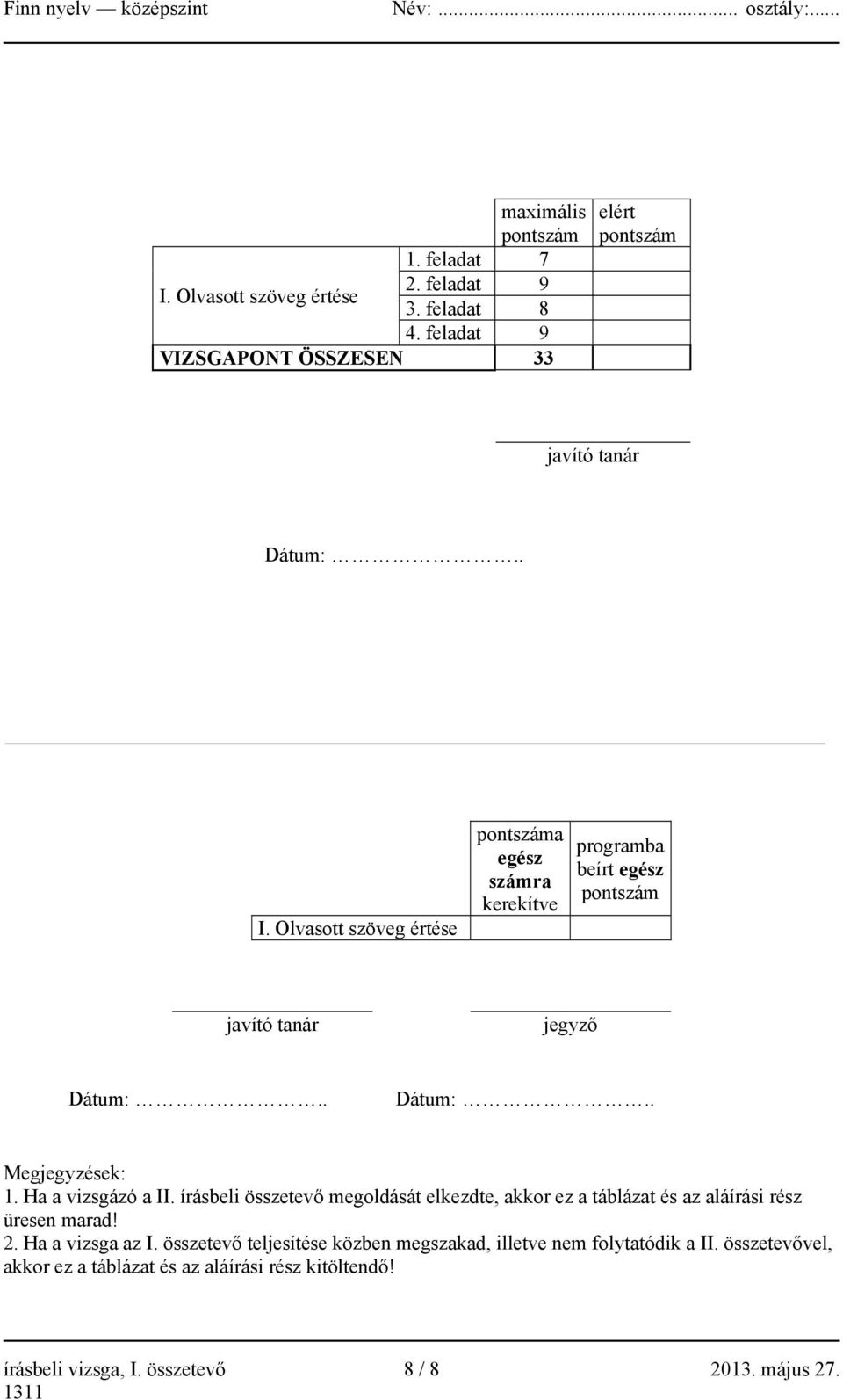 Ha a vizsgázó a II. írásbeli összetevő megoldását elkezdte, akkor ez a táblázat és az aláírási rész üresen marad! 2. Ha a vizsga az I.