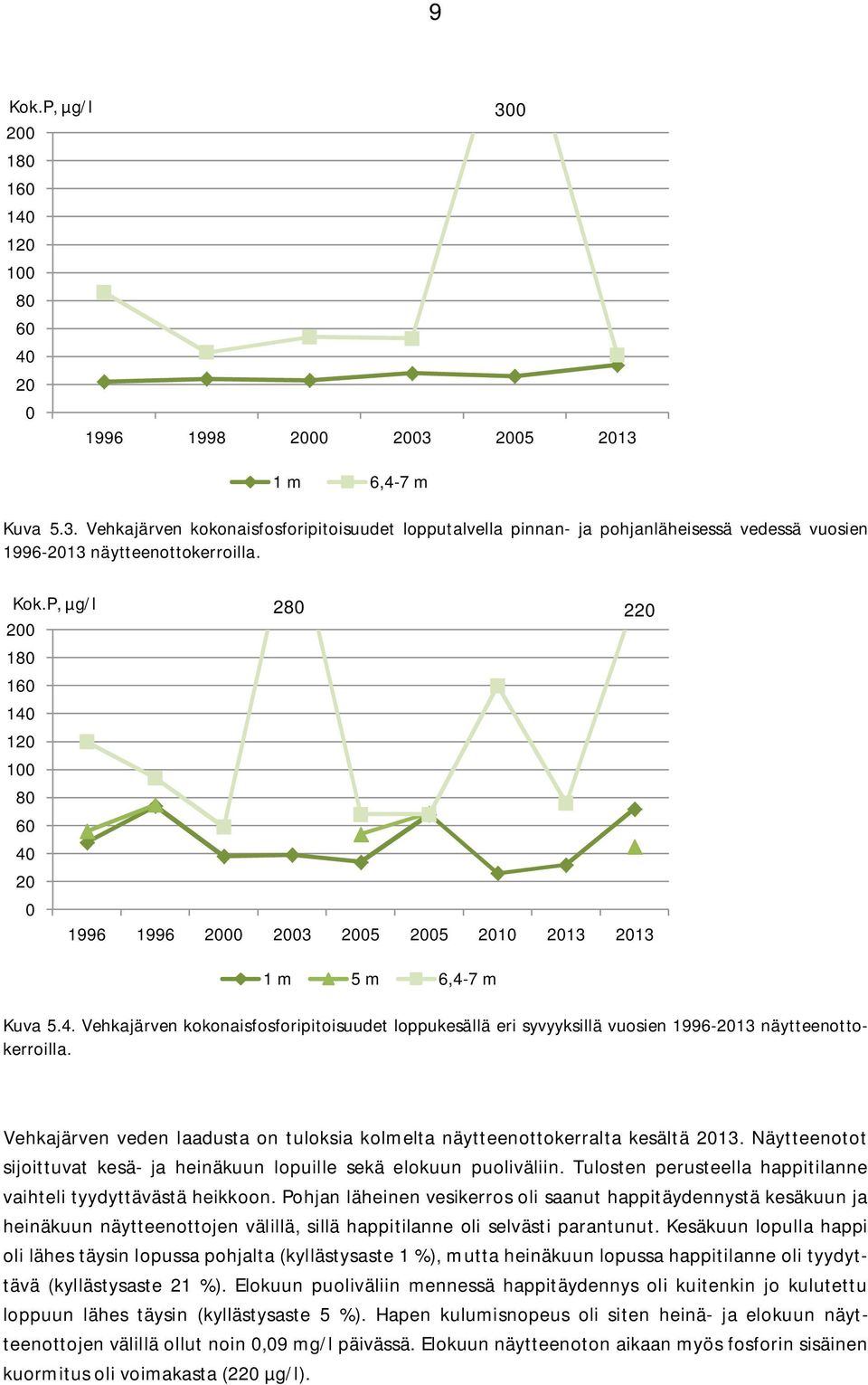 P, µg/l 200 180 160 140 120 100 80 60 40 20 0 1 m 6,4-7 m Kuva 5.4. Vehkajärven kokonaisfosforipitoisuudet loppukesällä eri syvyyksillä vuosien 1996-2013 näytteenottokerroilla.