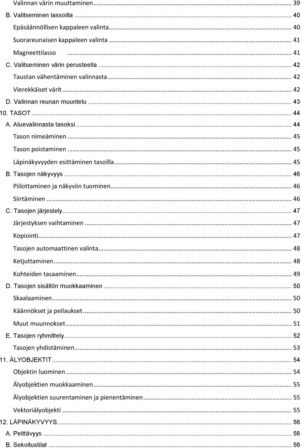 .. 45 Läpinäkyvyyden esittäminen tasoilla... 45 B. Tasojen näkyvyys... 46 Piilottaminen ja näkyviin tuominen... 46 Siirtäminen... 46 C. Tasojen järjestely... 47 Järjestyksen vaihtaminen... 47 Kopiointi.