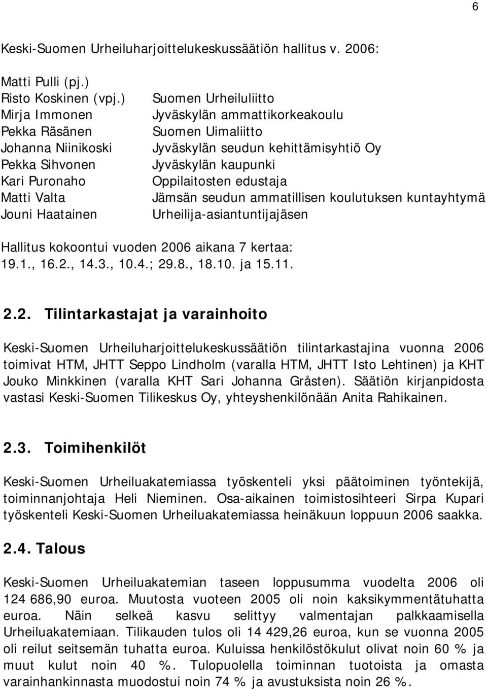kehittämisyhtiö Oy Jyväskylän kaupunki Oppilaitosten edustaja Jämsän seudun ammatillisen koulutuksen kuntayhtymä Urheilija-asiantuntijajäsen Hallitus kokoontui vuoden 2006 aikana 7 kertaa: 19.1., 16.