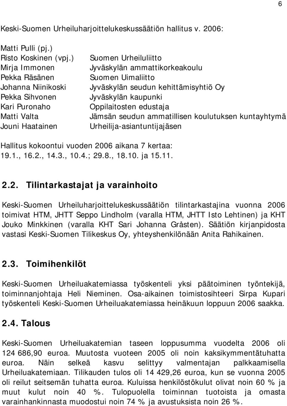 kehittämisyhtiö Oy Jyväskylän kaupunki Oppilaitosten edustaja Jämsän seudun ammatillisen koulutuksen kuntayhtymä Urheilija-asiantuntijajäsen Hallitus kokoontui vuoden 2006 aikana 7 kertaa: 19.1., 16.