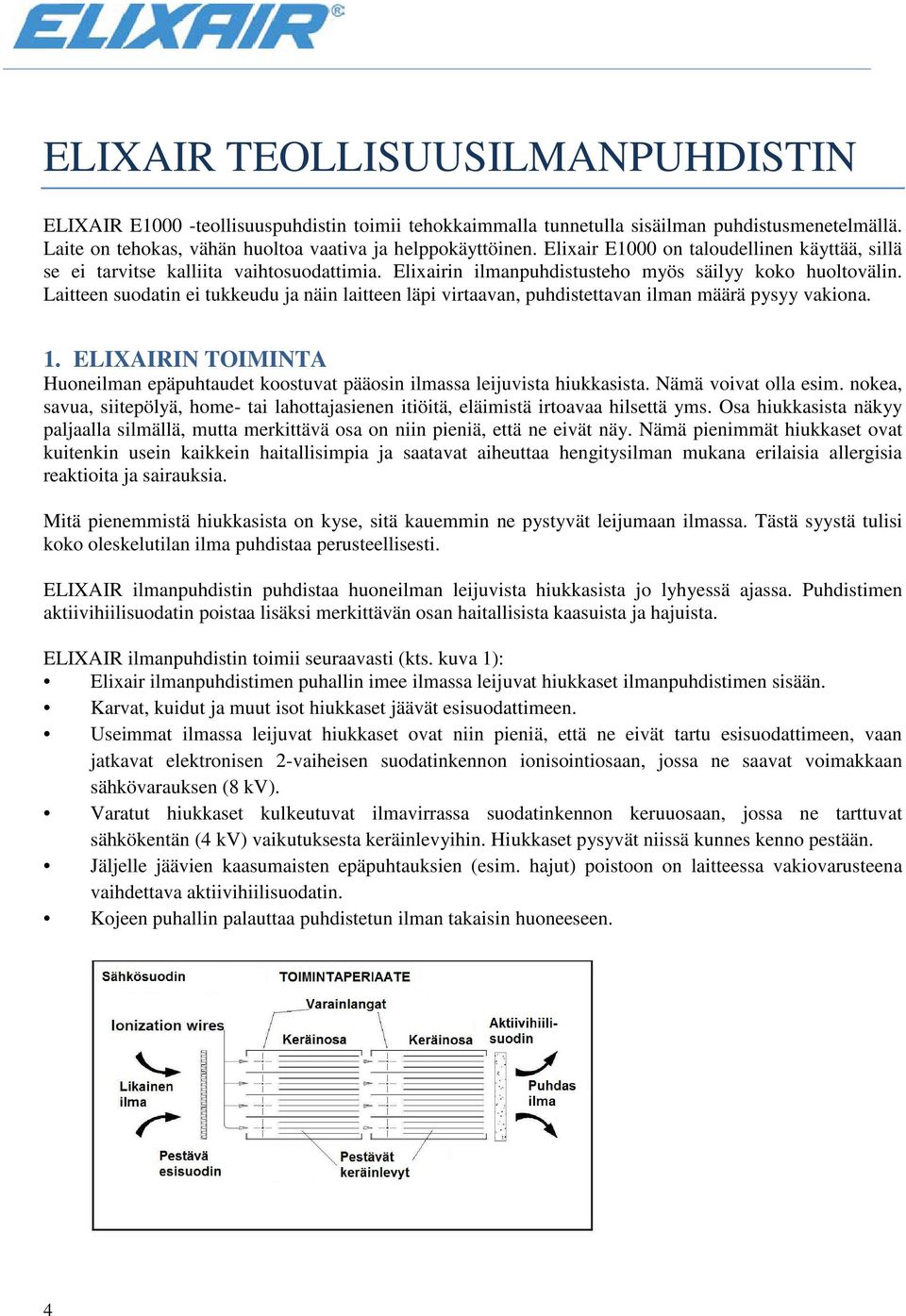 Laitteen suodatin ei tukkeudu ja näin laitteen läpi virtaavan, puhdistettavan ilman määrä pysyy vakiona. 1. ELIXAIRIN TOIMINTA Huoneilman epäpuhtaudet koostuvat pääosin ilmassa leijuvista hiukkasista.