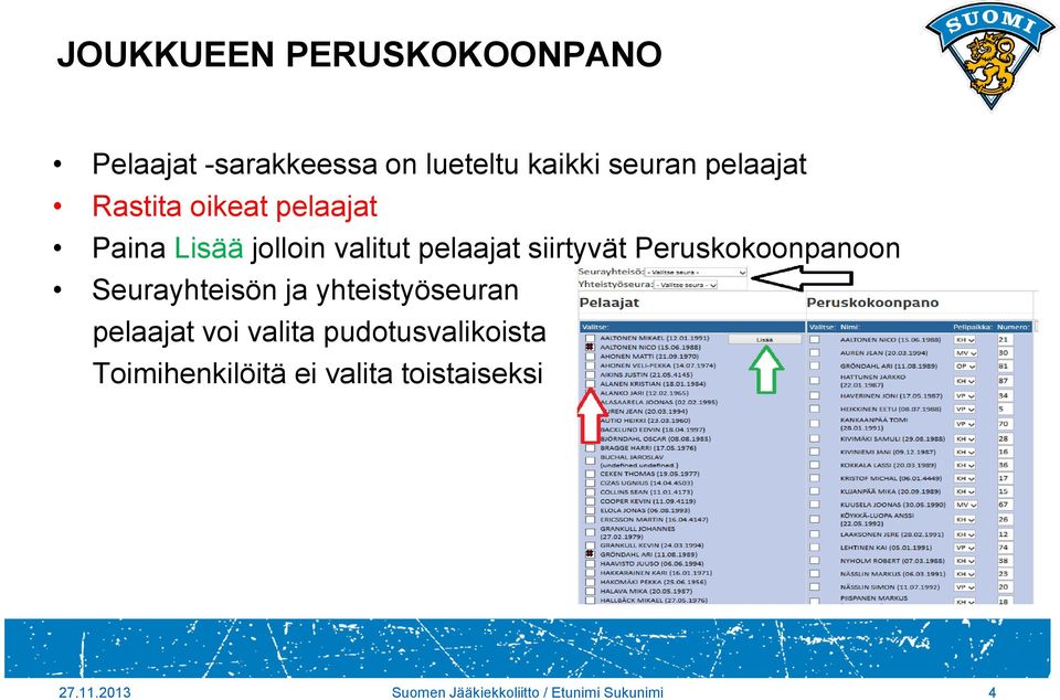 Peruskokoonpanoon Seurayhteisön ja yhteistyöseuran pelaajat voi valita