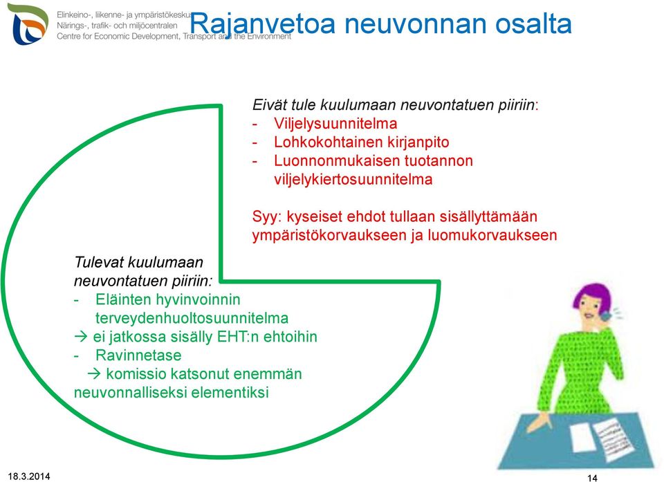 neuvonnalliseksi elementiksi Eivät tule kuulumaan neuvontatuen piiriin: - Viljelysuunnitelma - Lohkokohtainen