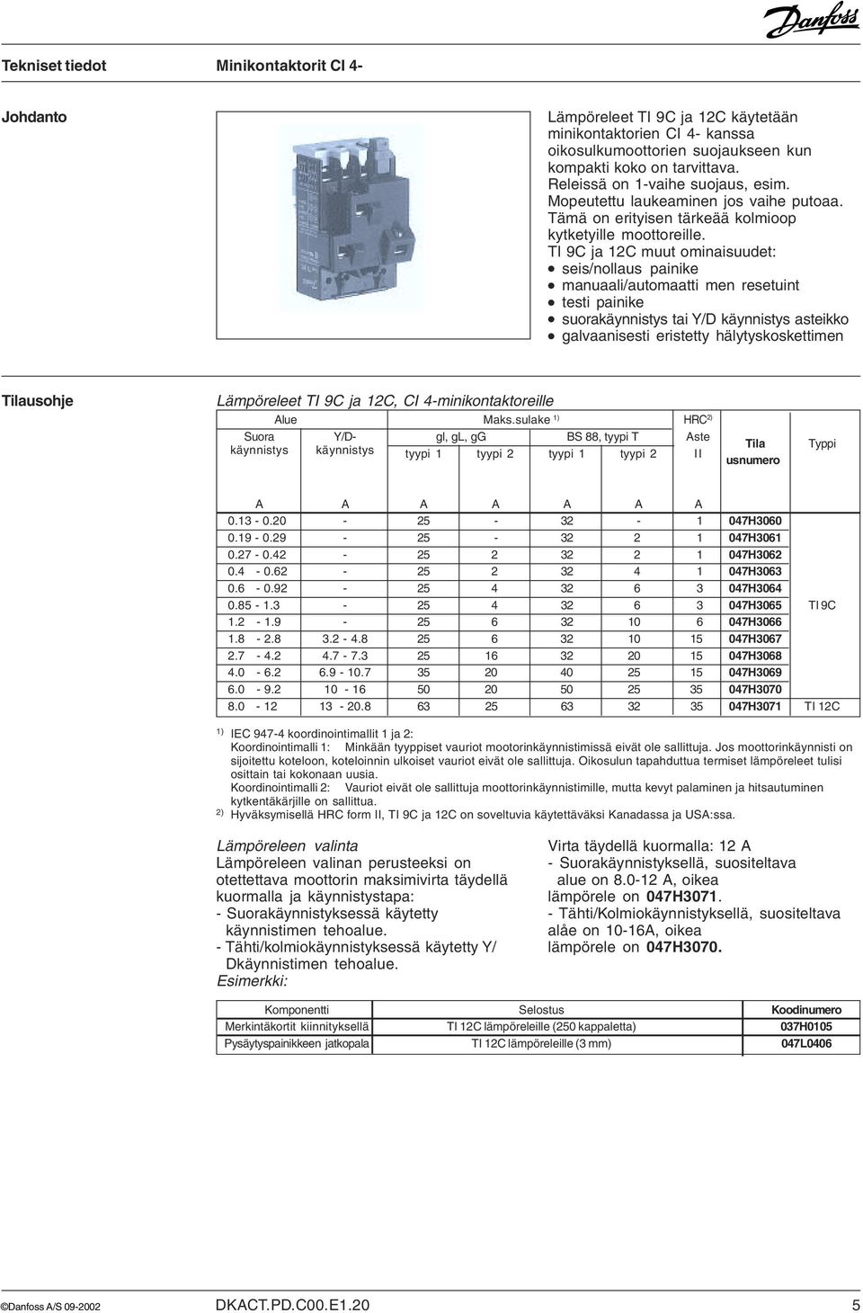 TI 9C ja 12C muut ominaisuudet: seis/nollaus painike manuaali/automaatti men resetuint testi painike suorakäynnistys tai Y/D käynnistys asteikko galvaanisesti eristetty hälytyskoskettimen Tilausohje