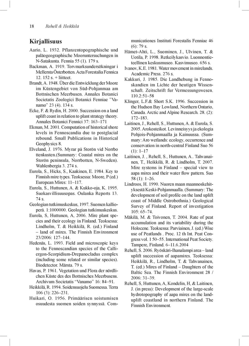 Über die Entwicklung der Moore im Küstengebiet von Süd-Pohjanmaa am Bottnischen Meerbusen. Annales Botanici Societatis Zoologici Botanici Fenniae Vanamo 23 (4). 134 s. Ecke, F. & Rydin, H. 2000.