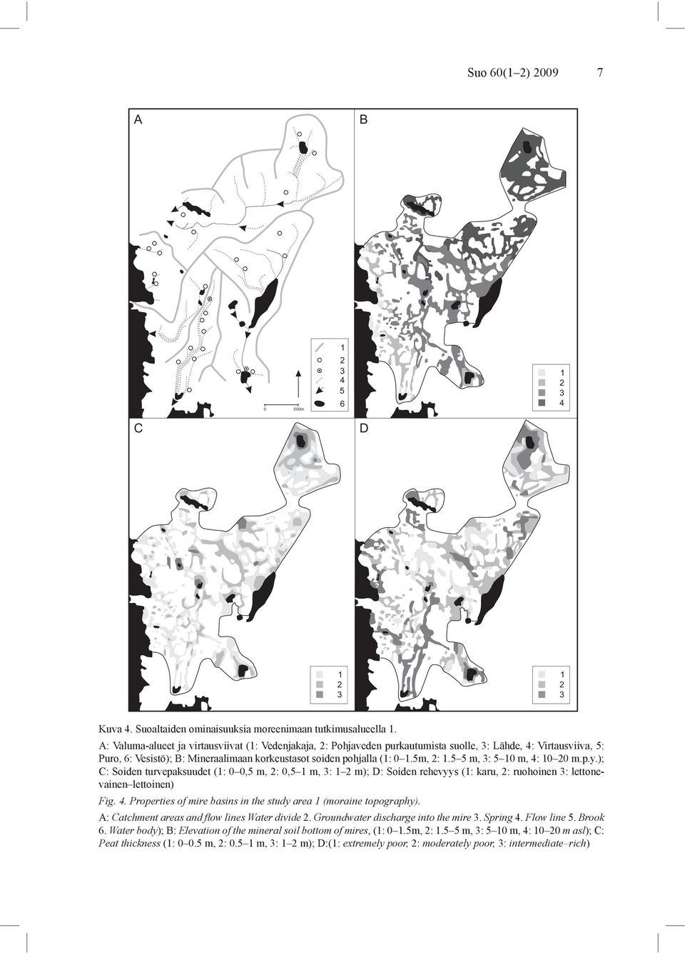 5 5 m, 3: 5 10 m, 4: 10 20 m.p.y.); C: Soiden turvepaksuudet (1: 0 0,5 m, 2: 0,5 1 m, 3: 1 2 m); D: Soiden rehevyys (1: karu, 2: ruohoinen 3: lettonevainen lettoinen) Fig. 4. Properties of mire basins in the study area 1 (moraine topography).