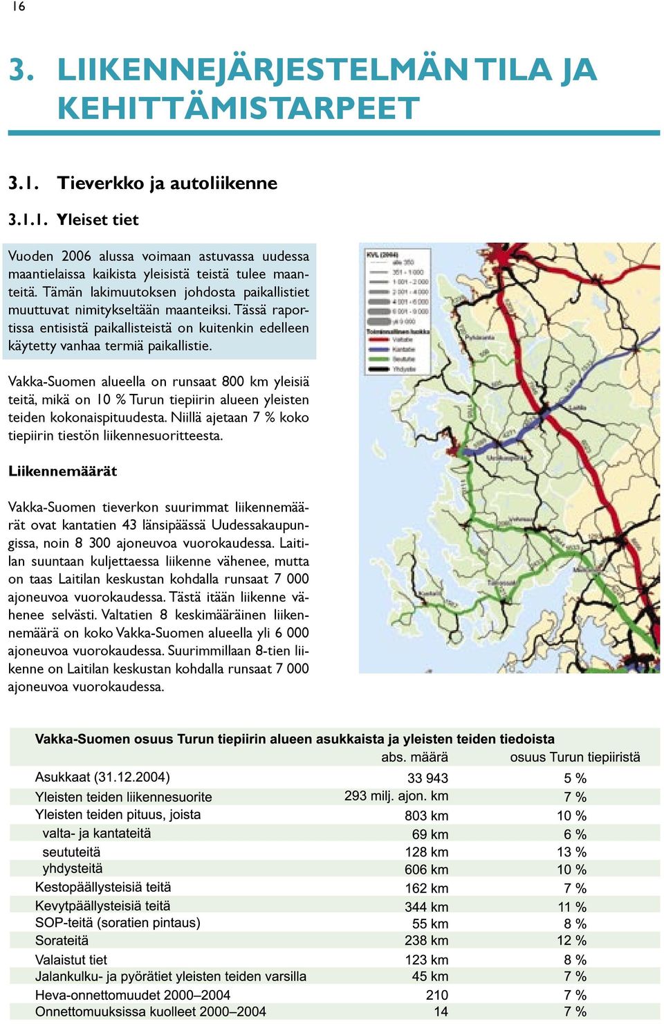Vakka-Suomen alueella on runsaat 800 km yleisiä teitä, mikä on 10 % Turun tiepiirin alueen yleisten teiden kokonaispituudesta. Niillä ajetaan 7 % koko tiepiirin tiestön liikennesuoritteesta.