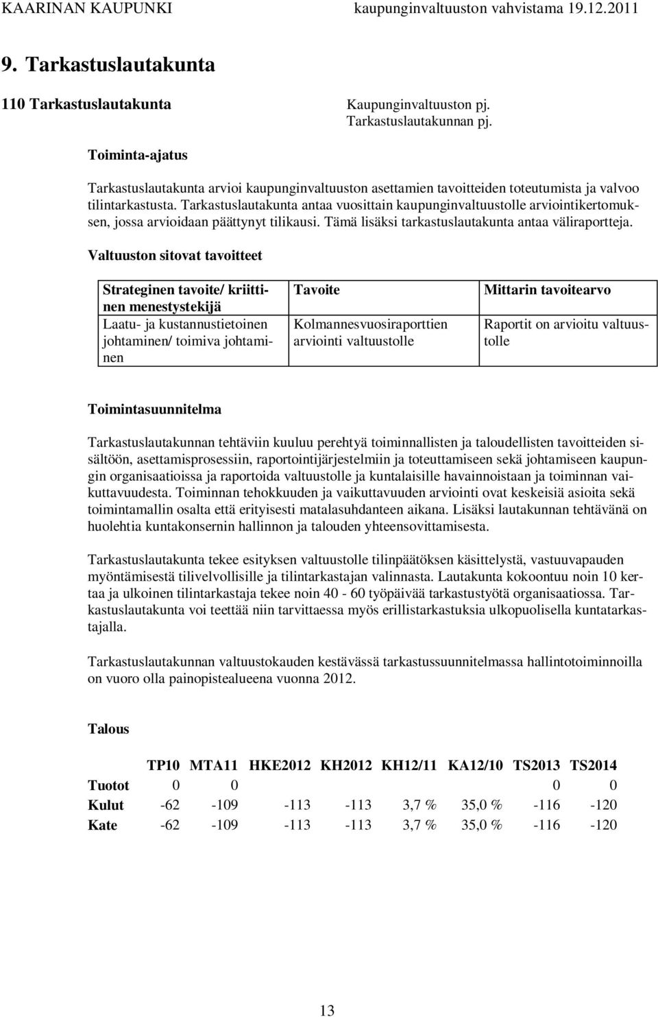 Tarkastuslautakunta antaa vuosittain kaupunginvaltuustolle arviointikertomuksen, jossa arvioidaan päättynyt tilikausi. Tämä lisäksi tarkastuslautakunta antaa väliraportteja.