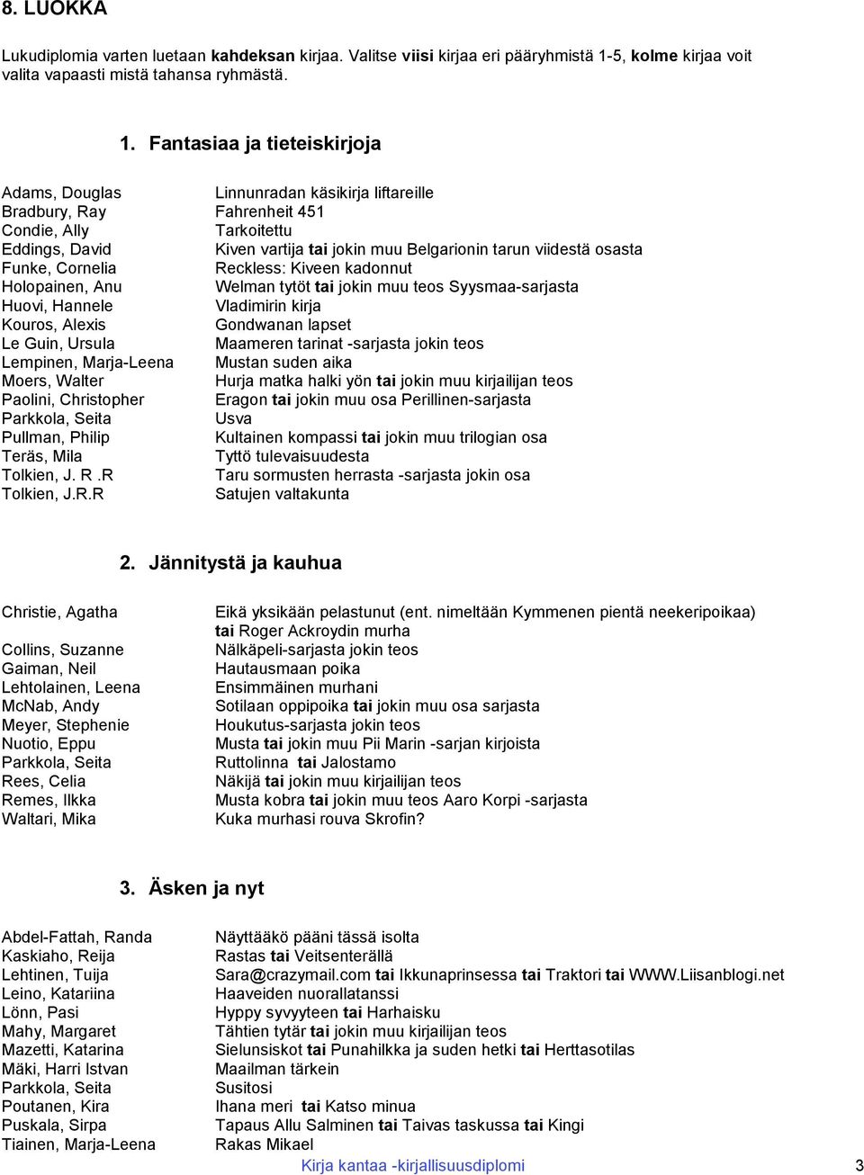 Fantasiaa ja tieteiskirjoja Adams, Douglas Linnunradan käsikirja liftareille Bradbury, Ray Fahrenheit 451 Condie, Ally Tarkoitettu Eddings, David Kiven vartija tai jokin muu Belgarionin tarun