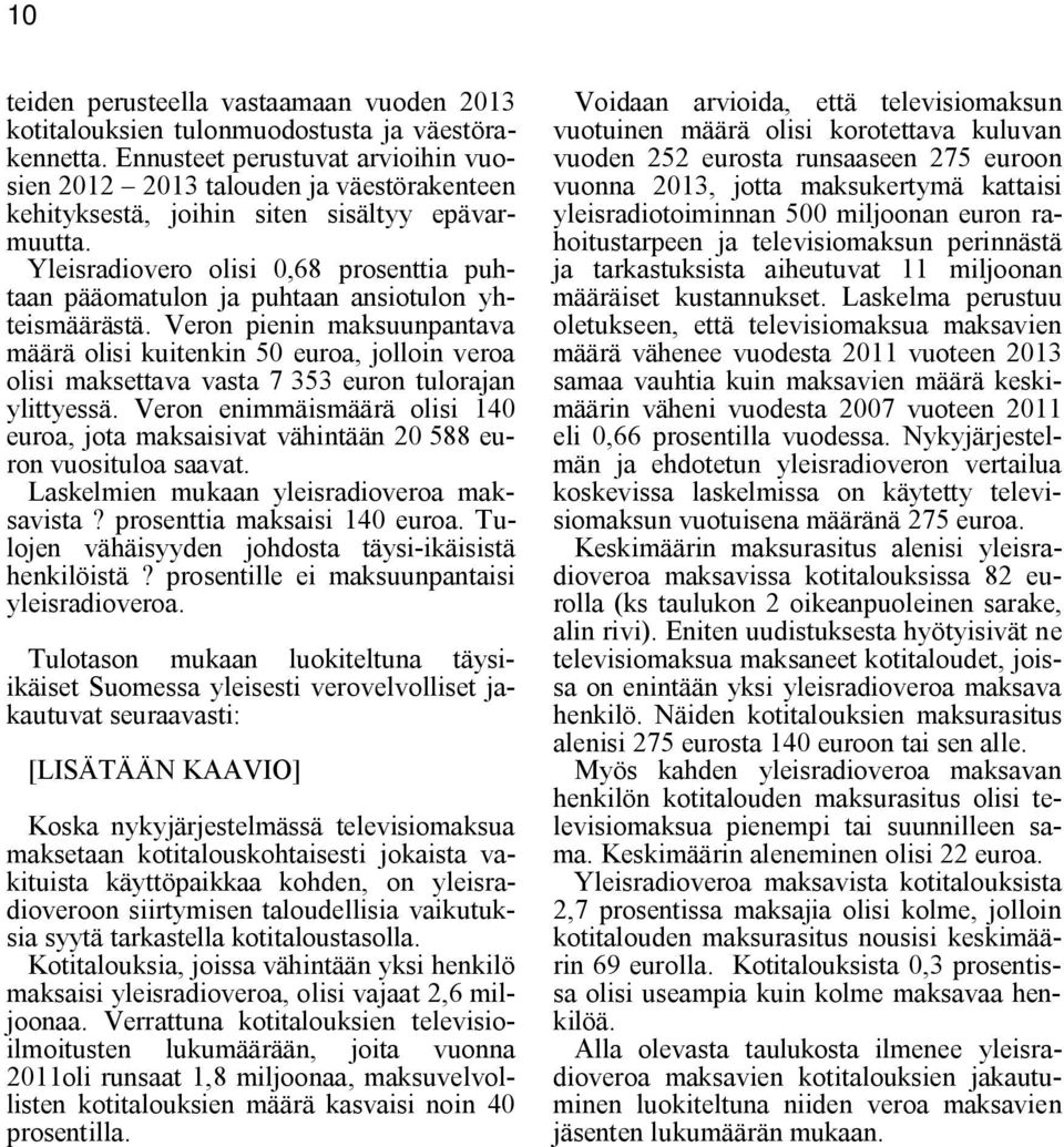 Yleisradiovero olisi 0,68 prosenttia puhtaan pääomatulon ja puhtaan ansiotulon yhteismäärästä.