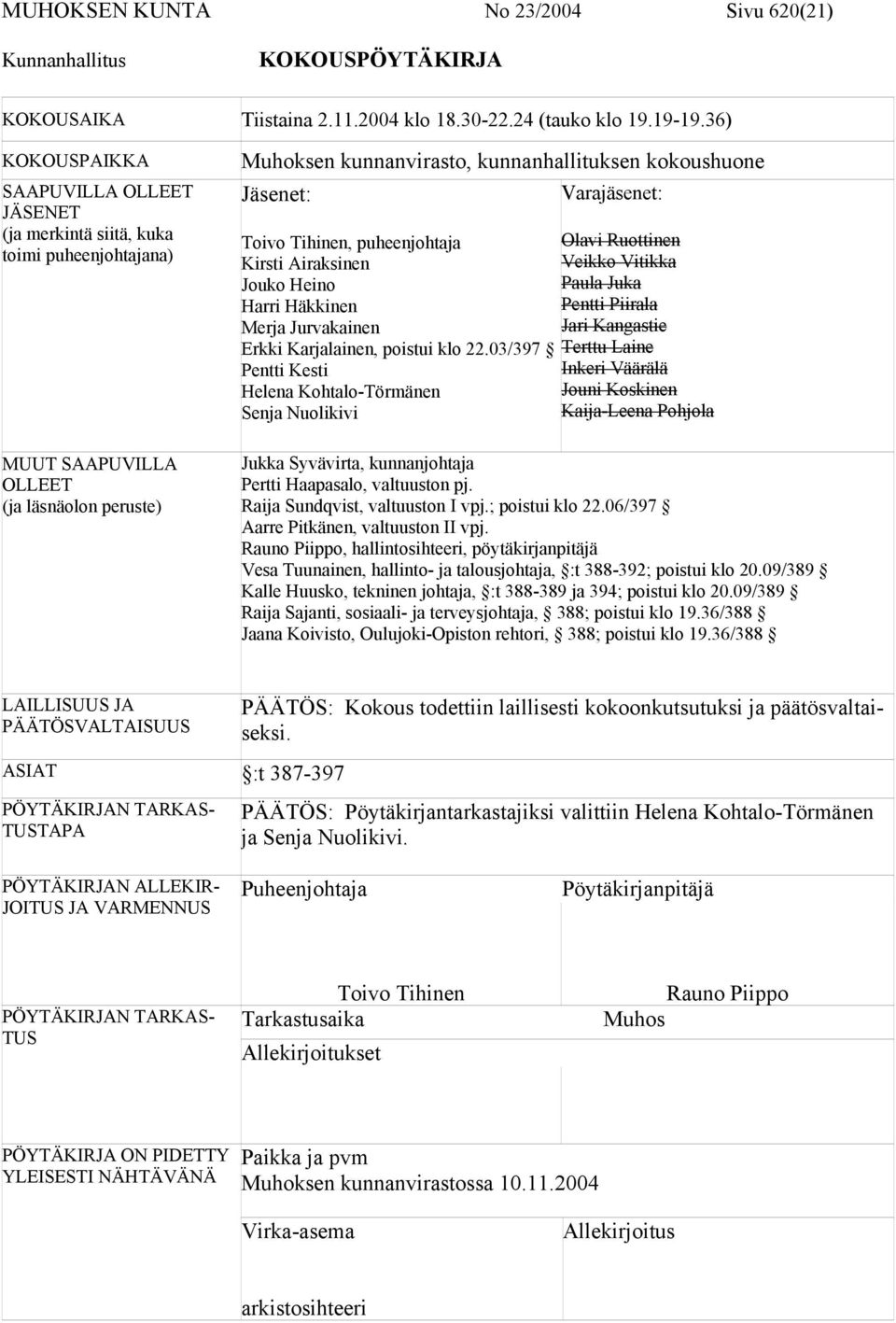 Varajäsenet: Toivo Tihinen, puheenjohtaja Olavi Ruottinen Kirsti Airaksinen Veikko Vitikka Jouko Heino Paula Juka Harri Häkkinen Pentti Piirala Merja Jurvakainen Jari Kangastie Erkki Karjalainen,