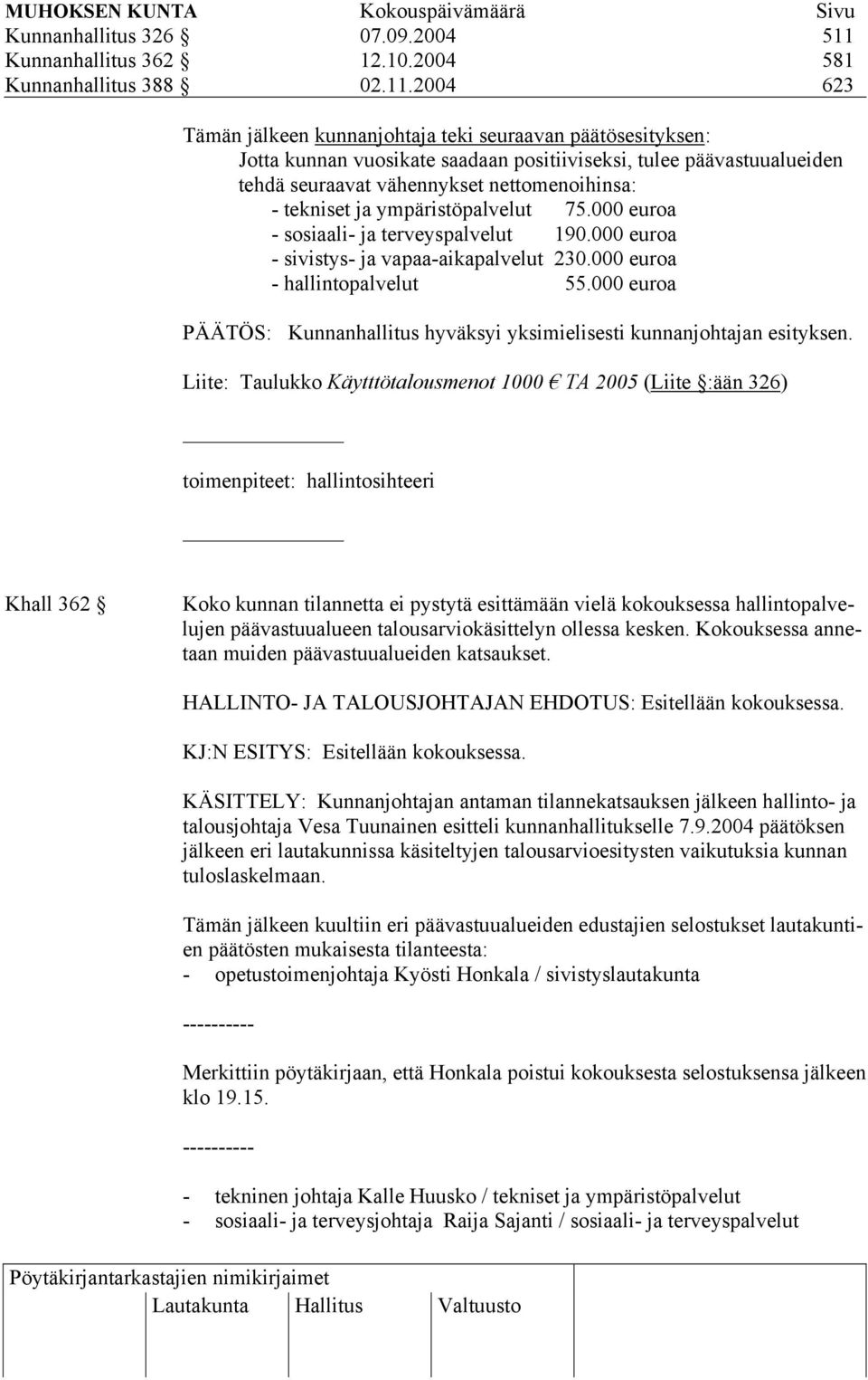 2004 623 Tämän jälkeen kunnanjohtaja teki seuraavan päätösesityksen: Jotta kunnan vuosikate saadaan positiiviseksi, tulee päävastuualueiden tehdä seuraavat vähennykset nettomenoihinsa: - tekniset ja