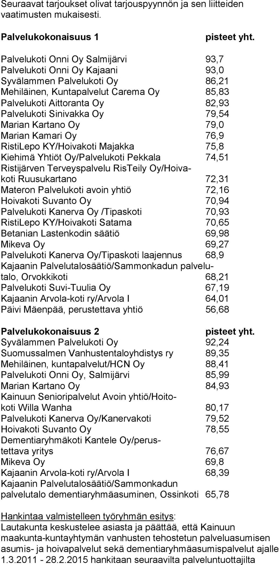 79,54 Marian Kartano Oy 79,0 Marian Kamari Oy 76,9 RistiLepo KY/Hoivakoti Majakka 75,8 Kiehimä Yhtiöt Oy/Palvelukoti Pekkala 74,51 Ristijärven Terveyspalvelu RisTeily Oy/Hoivakoti Ruusukartano 72,31