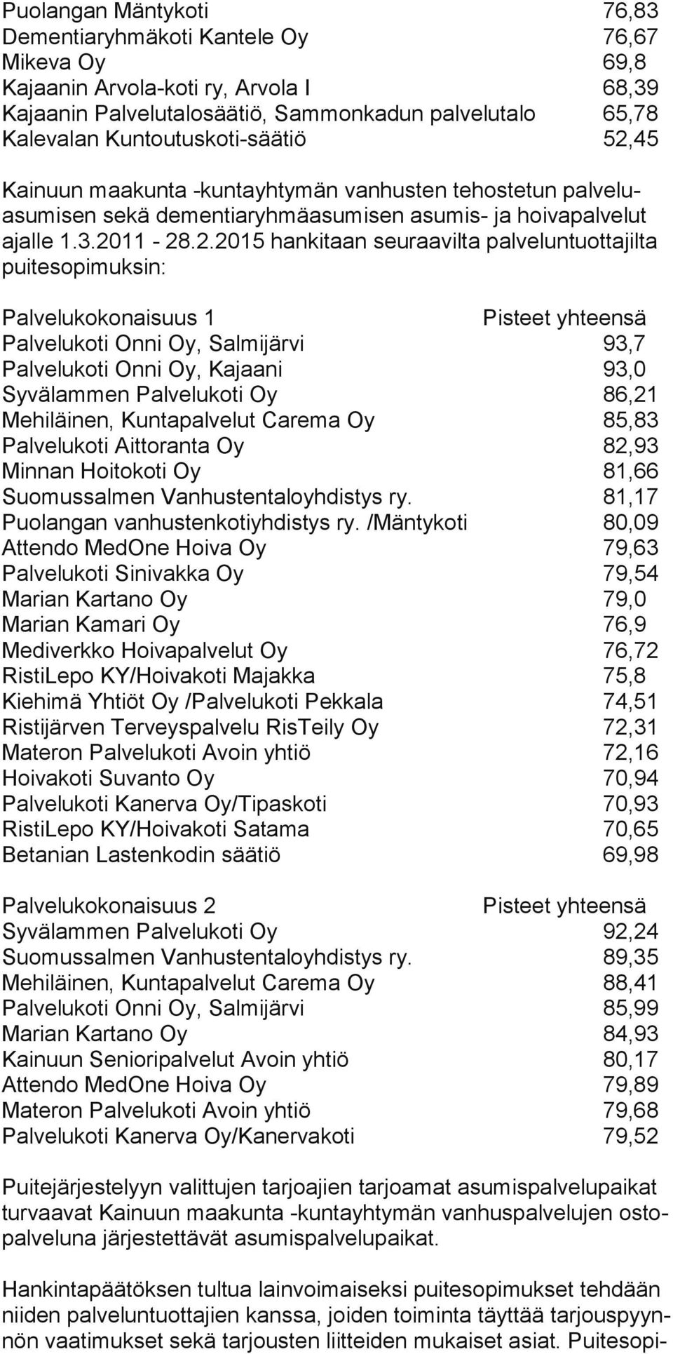 45 Kainuun maakunta -kuntayhtymän vanhus ten tehostetun palveluasu misen sekä de mentia ryhmäasumisen asumis- ja hoivapal velut ajalle 1.3.20