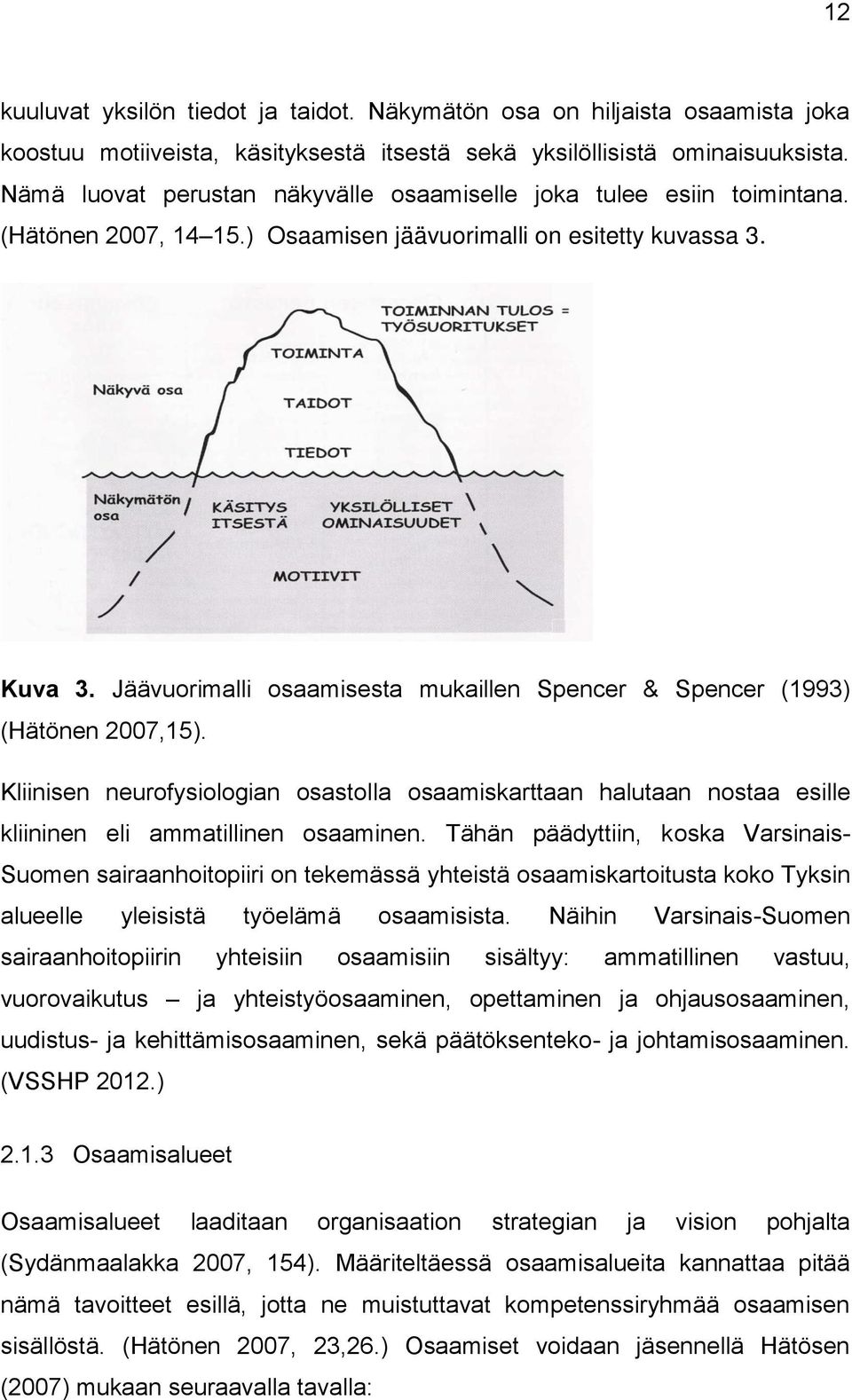 Jäävuorimalli osaamisesta mukaillen Spencer & Spencer (1993) (Hätönen 2007,15). Kliinisen neurofysiologian osastolla osaamiskarttaan halutaan nostaa esille kliininen eli ammatillinen osaaminen.