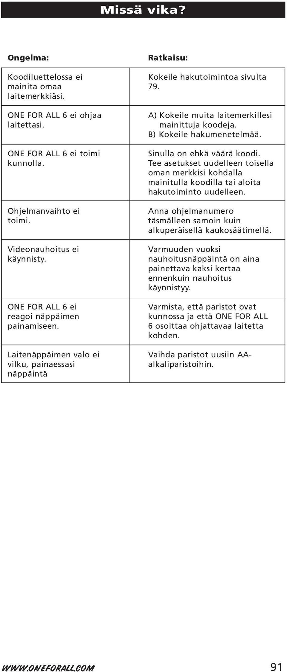 B) Kokeile hakumenetelmää. Sinulla on ehkä väärä koodi. Tee asetukset uudelleen toisella oman merkkisi kohdalla mainitulla koodilla tai aloita hakutoiminto uudelleen.