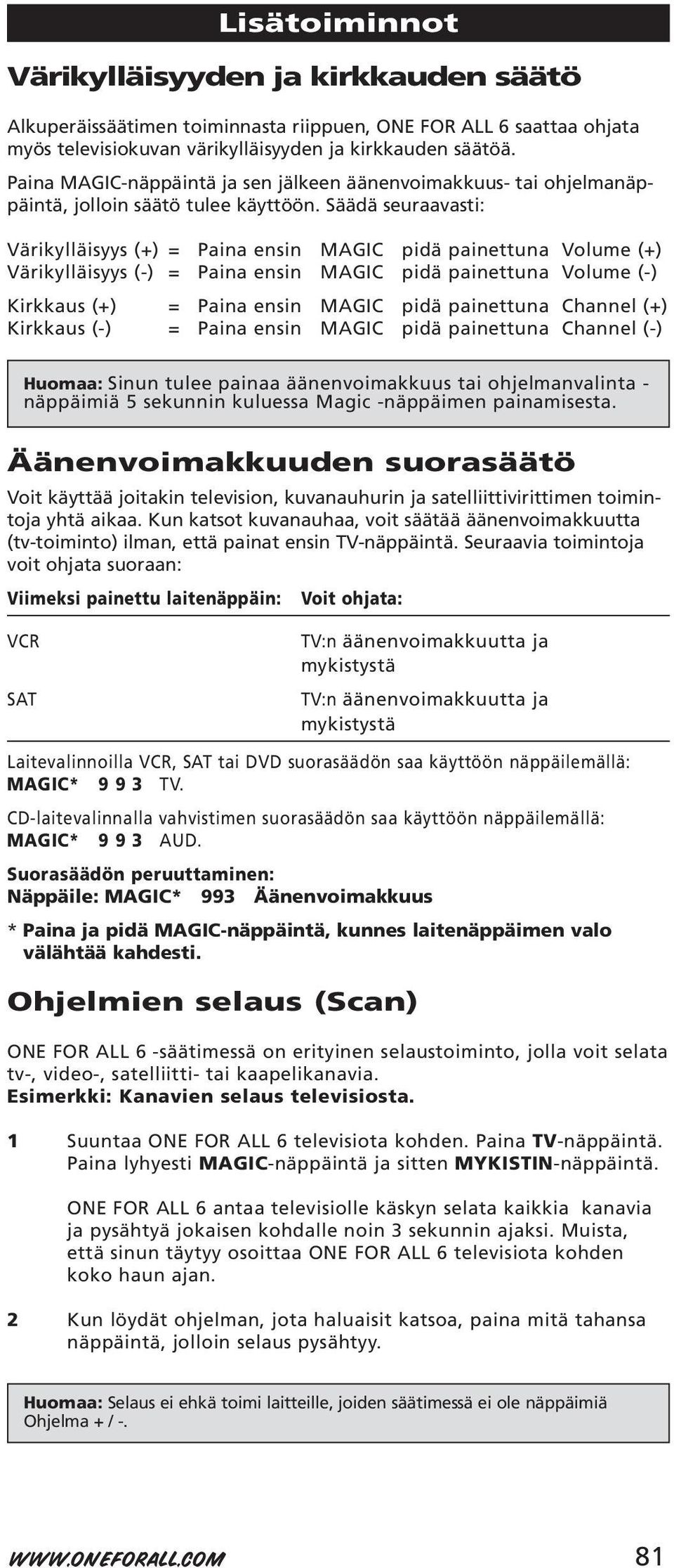 Säädä seuraavasti: Värikylläisyys (+) = Paina ensin MAGIC pidä painettuna Volume (+) Värikylläisyys (-) = Paina ensin MAGIC pidä painettuna Volume (-) Kirkkaus (+) = Paina ensin MAGIC pidä painettuna