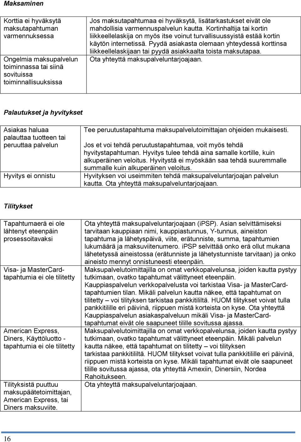 Pyydä asiakasta olemaan yhteydessä korttinsa liikkeellelaskijaan tai pyydä asiakkaalta toista maksutapaa. Ota yhteyttä maksupalveluntarjoajaan.