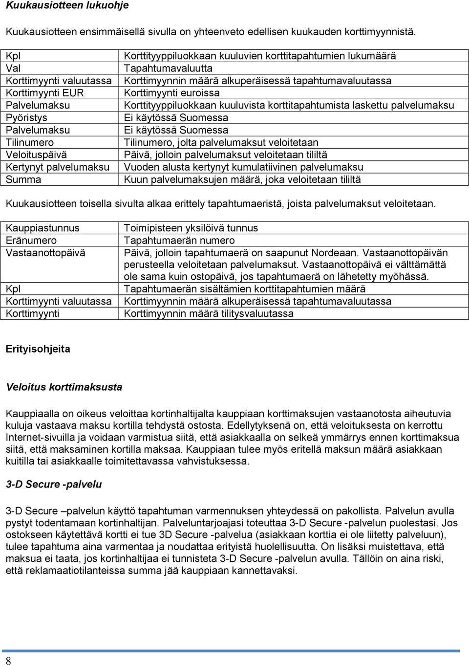 Tapahtumavaluutta Korttimyynnin määrä alkuperäisessä tapahtumavaluutassa Korttimyynti euroissa Korttityyppiluokkaan kuuluvista korttitapahtumista laskettu palvelumaksu Ei käytössä Suomessa Ei