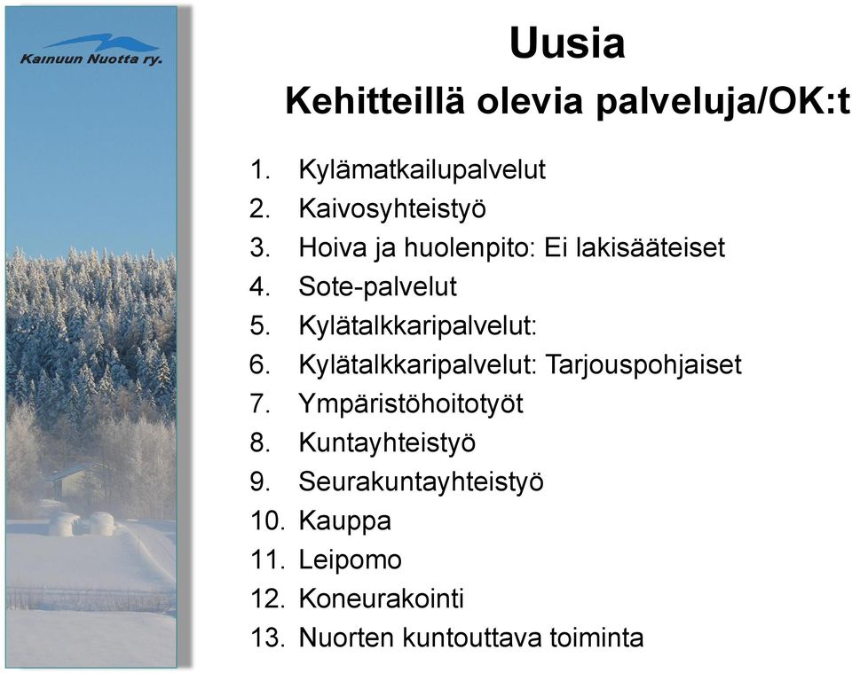 Kylätalkkaripalvelut: Tarjouspohjaiset 7. Ympäristöhoitotyöt 8. Kuntayhteistyö 9.