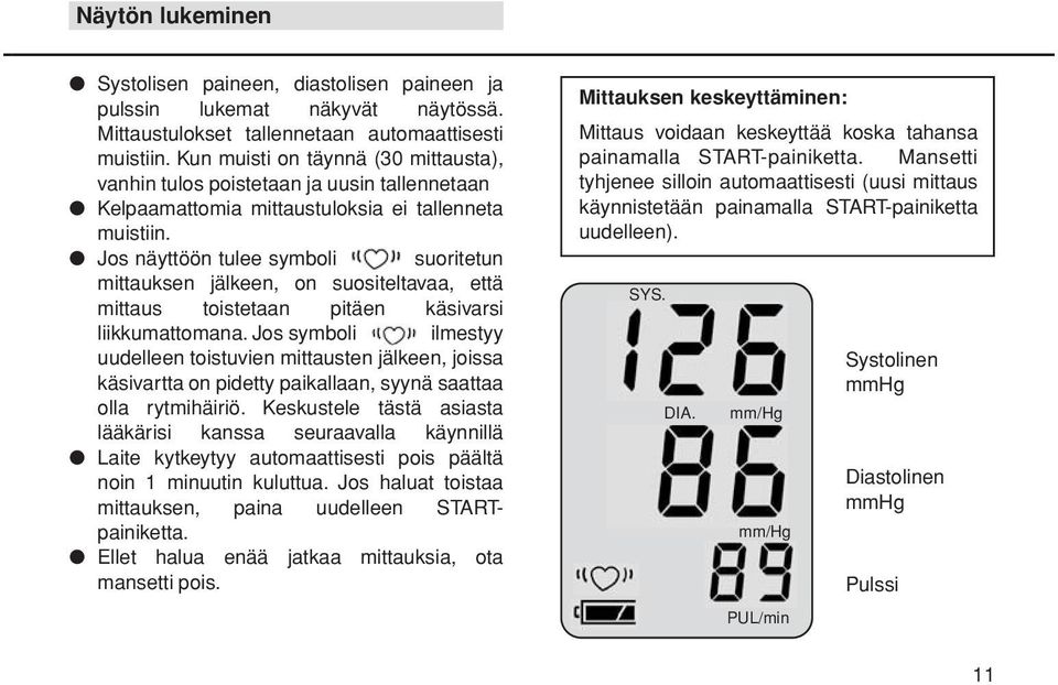 Jos näyttöön tulee symboli suoritetun mittauksen jälkeen, on suositeltavaa, että mittaus toistetaan pitäen käsivarsi liikkumattomana.