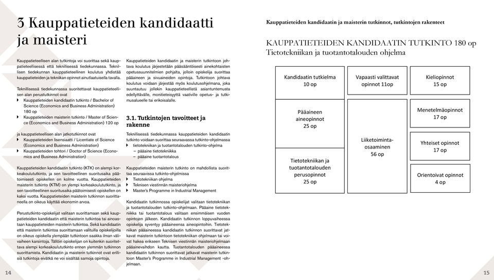 Teknillisessä tiedekunnassa suoritettavat kauppatieteellisen alan perustutkinnot ovat Kauppatieteiden kandidaatin tutkinto / Bachelor of Science (Economics and Business Administration) 180 op