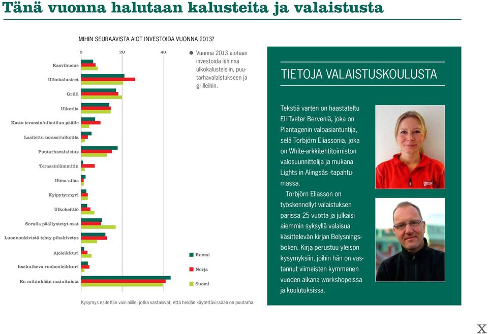 Luonnonkivistä tehty pihakivetys Ajoleikkuri Itsekulkeva ruohonleikkuri En mihinkään mainituista 0 20 40 Vuonna 2013 aiotaan investoida lähinnä ulkokalusteisiin, puutarhavalaistukseen ja grilleihin.