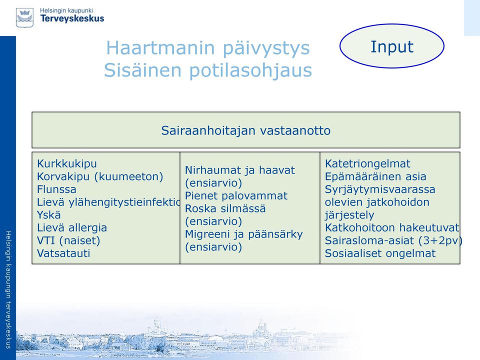 (ensiarvio) Lievä allergia Migreeni ja päänsärky VTI (naiset) (ensiarvio) Vatsatauti Katetriongelmat Epämääräinen