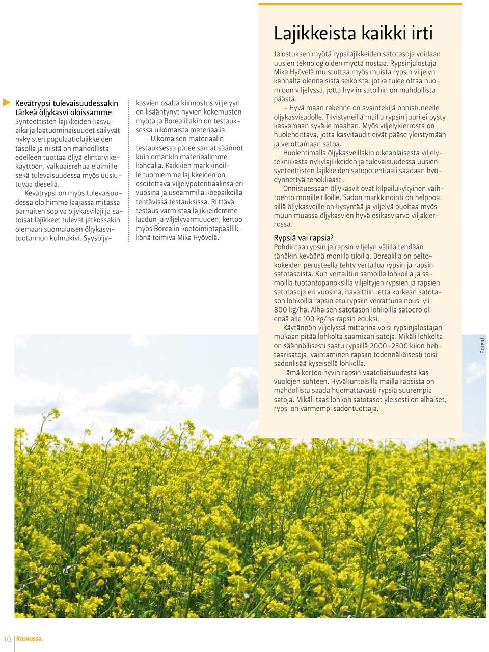 Kevätrypsi on myös tulevaisuudessa oloihimme laajassa mitassa parhaiten sopiva öljykasvilaji ja satoisat lajikkeet tulevat jatkossakin olemaan suomalaisen öljykasvituotannon kulmakivi.