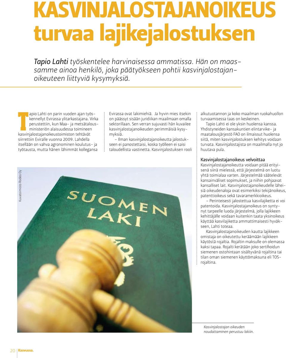 Virka perustettiin, kun Maa- ja metsätalousministeriön alaisuudessa toimineen kasvinjalostajanoikeustoimiston tehtävät siirrettiin Eviralle vuonna 2009.