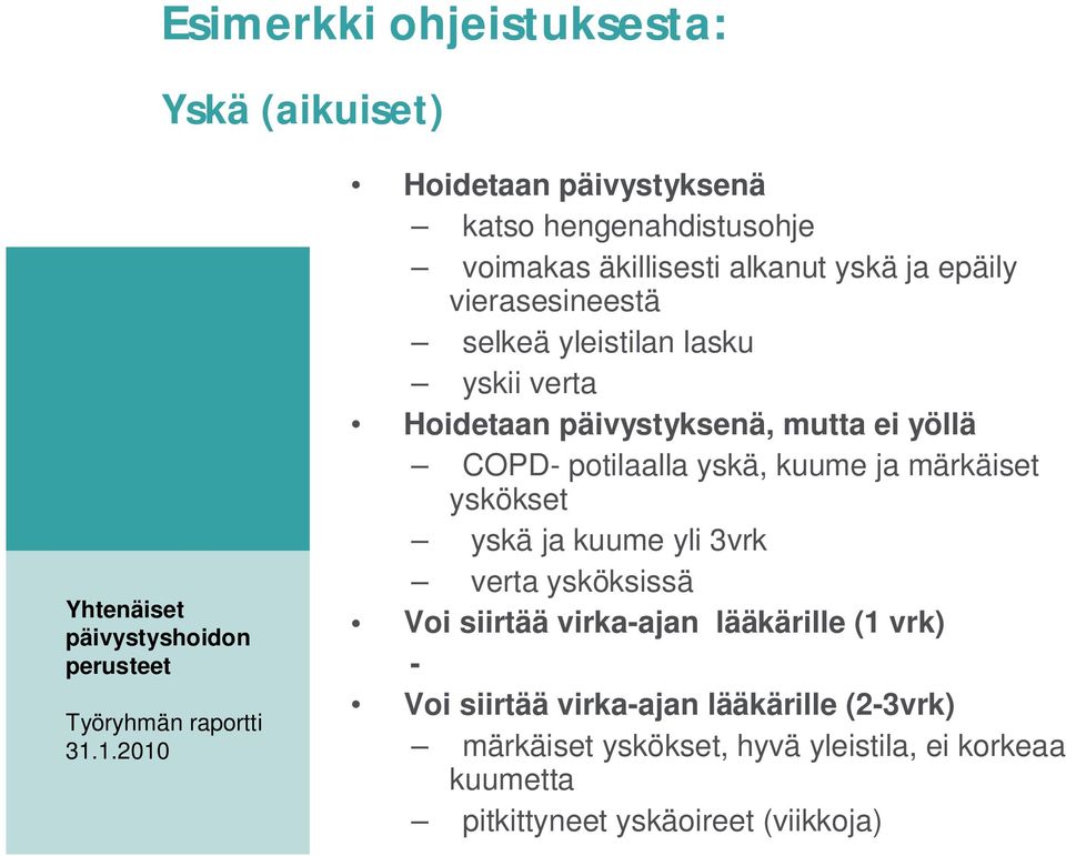 päivystyksenä, mutta ei yöllä COPD- potilaalla yskä, kuume ja märkäiset yskökset yskä ja kuume yli 3vrk verta ysköksissä Voi siirtää