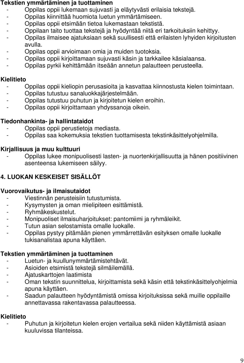 - oppii arvioimaan omia ja muiden tuotoksia. - oppii kirjoittamaan sujuvasti käsin ja tarkkailee käsialaansa. - pyrkii kehittämään itseään annetun palautteen perusteella.