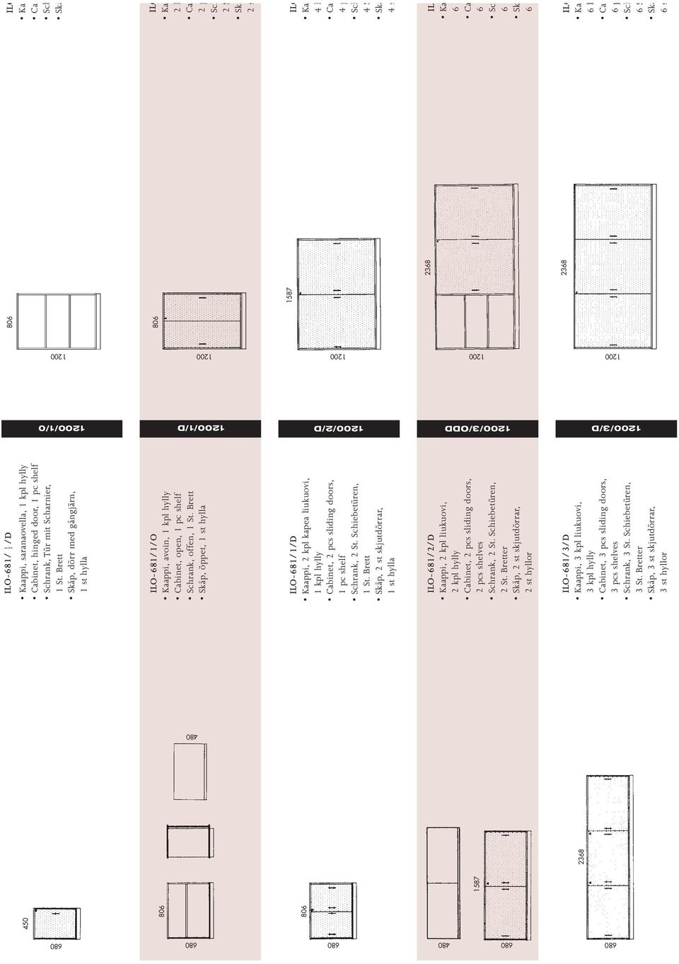 Brett kåp, öppet, 1 st hylla ILO-681/1/D Kaappi, 2 kpl kapea liukuovi, 1 kpl hylly Cabinet, 2 pcs sliding doors, 1 pc shelf chrank, 2 t. chiebetüren, 1 t.