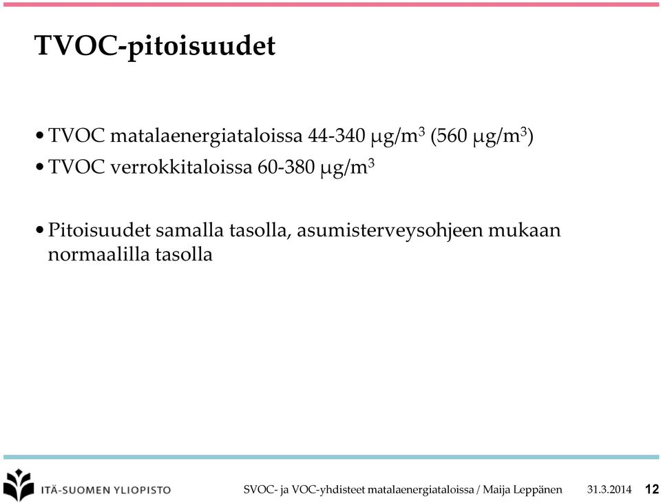 tasolla, asumisterveysohjeen mukaan normaalilla tasolla SVOC- ja