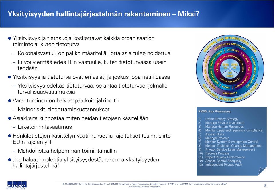 tietoturvassa usein tehdään Yksityisyys ja tietoturva ovat eri asiat, ja joskus jopa ristiriidassa Yksityisyys edeltää tietoturvaa: se antaa tietoturvaohjelmalle turvallisuusvaatimuksia Varautuminen