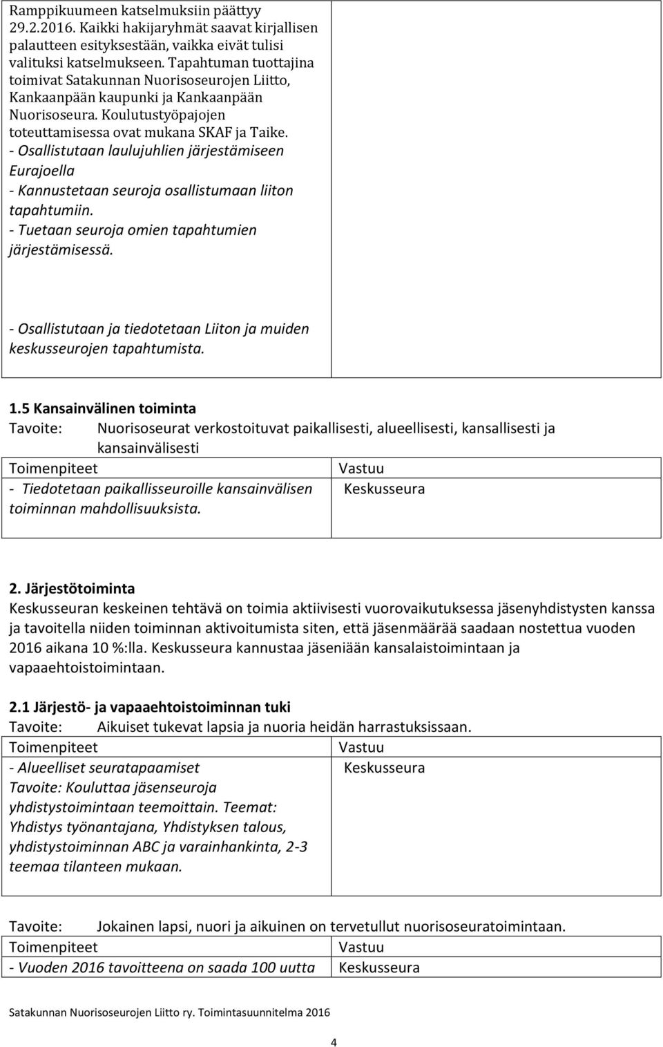 - Osallistutaan laulujuhlien järjestämiseen Eurajoella - Kannustetaan seuroja osallistumaan liiton tapahtumiin. - Tuetaan seuroja omien tapahtumien järjestämisessä.