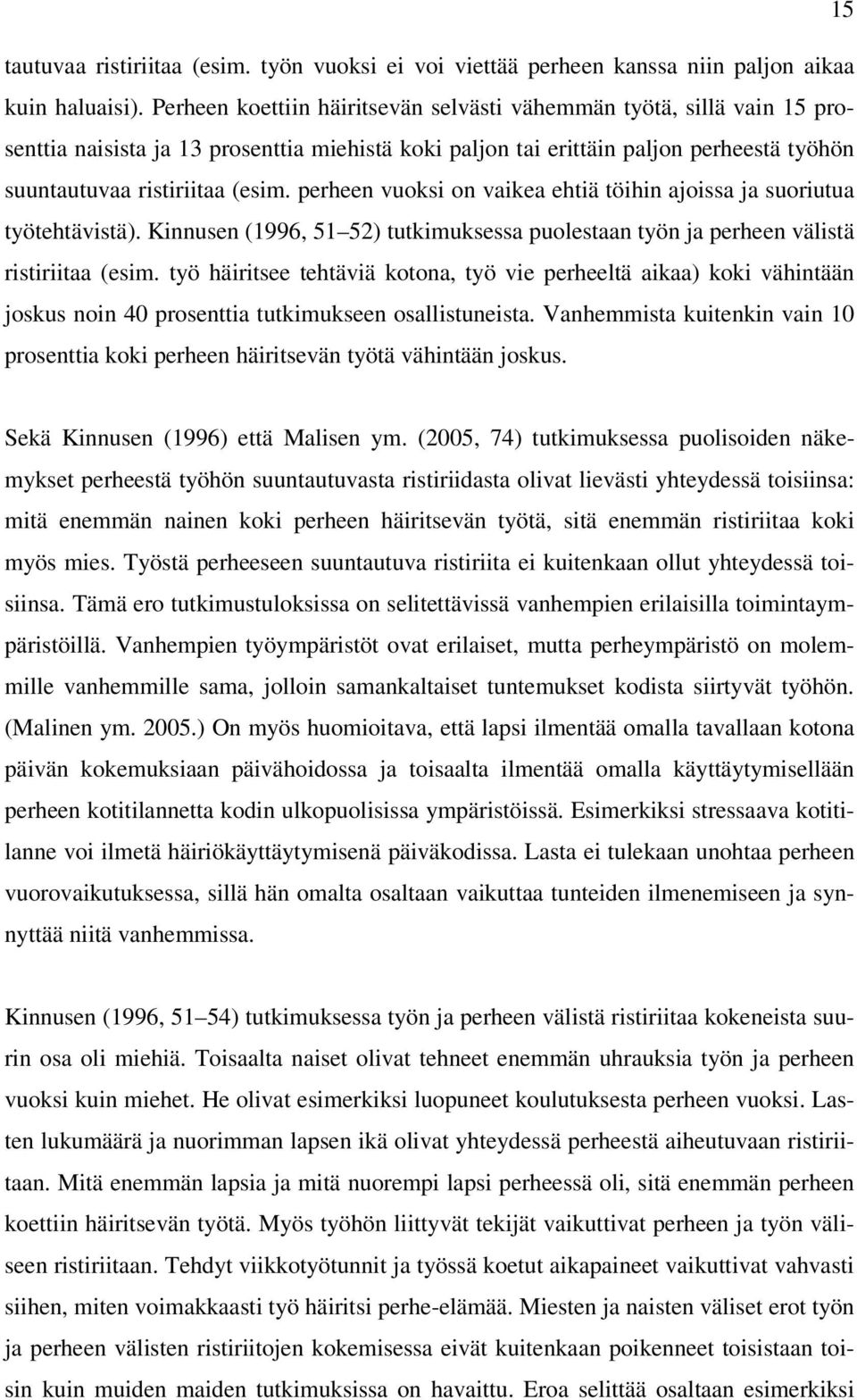 perheen vuoksi on vaikea ehtiä töihin ajoissa ja suoriutua työtehtävistä). Kinnusen (1996, 51 52) tutkimuksessa puolestaan työn ja perheen välistä ristiriitaa (esim.