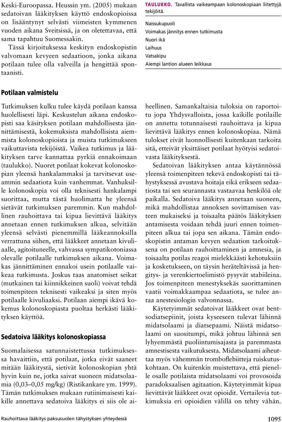 Tässä kirjoituksessa keskityn endoskopistin valvomaan kevyeen sedaatioon, jonka aikana potilaan tulee olla valveilla ja hengittää spontaanisti. Taulukko.