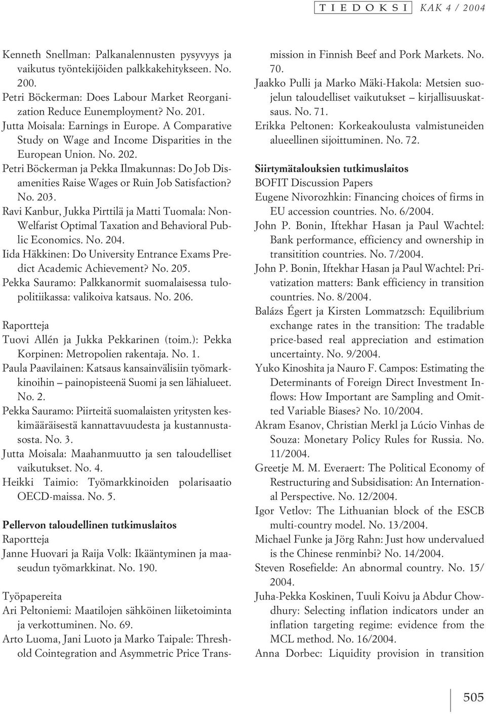 Petri Böckerman ja Pekka Ilmakunnas: Do Job Disamenities Raise Wages or Ruin Job Satisfaction? No. 203.