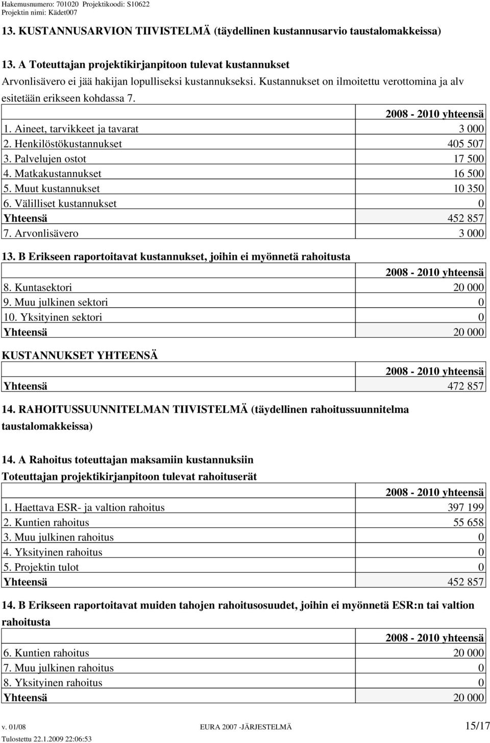 Matkakustannukset 16 500 5. Muut kustannukset 10 350 6. Välilliset kustannukset 0 Yhteensä 452 857 7. Arvonlisävero 3 000 13.