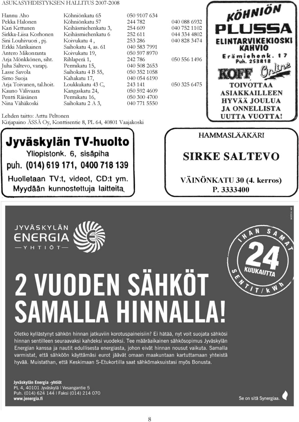 61 040-583 7991 7991 Antero Mikonranta Koivukatu 19, 050-597 597 8970 8970 Arja Mönkkönen, siht. Rihlaperä 1, 242 786 050 556 1496 Juha Saltevo, varapj.