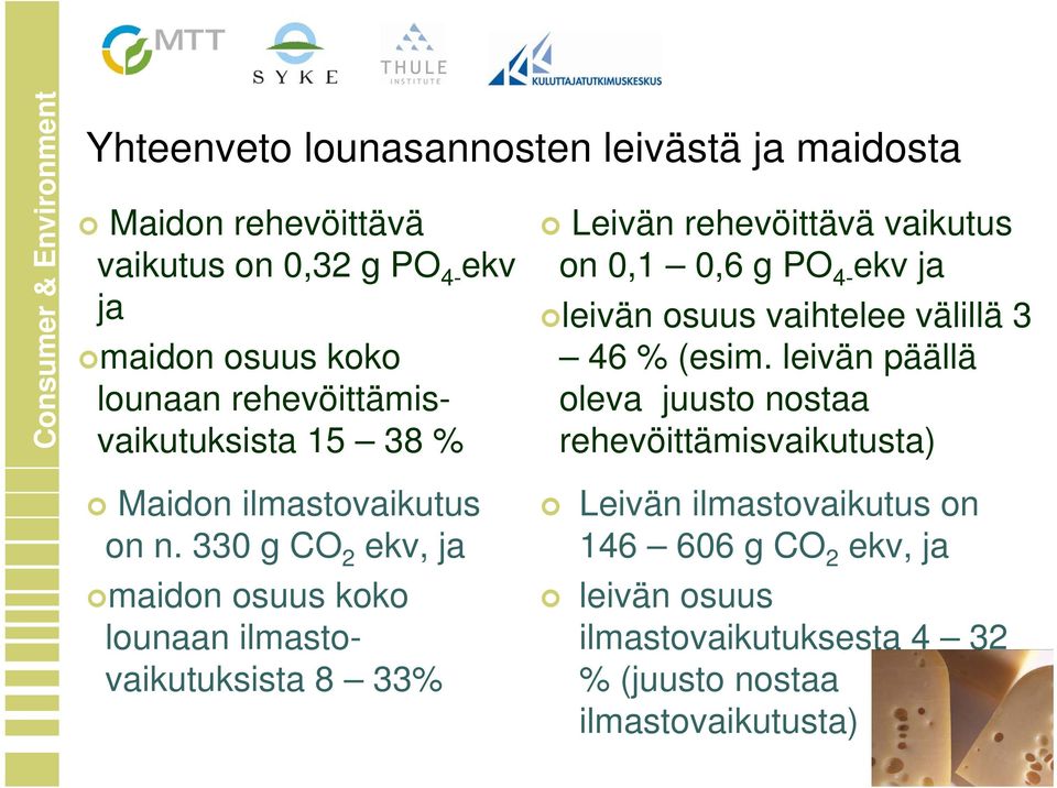 330 g CO 2 ekv, ja maidon osuus koko lounaan ilmastovaikutuksista 8 33% Leivän rehevöittävä vaikutus on 0,1 0,6 g PO 4- ekv ja leivän