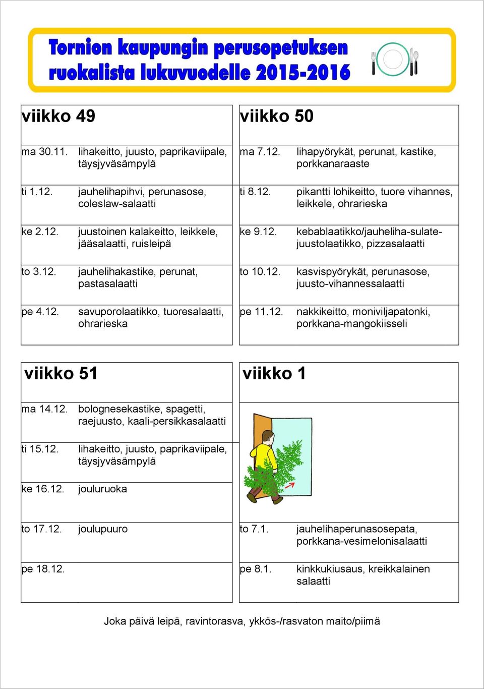 12. viikko 51 viikko 1 ma 14.12. raejuusto, kaali-persikka ti 15.12. ke 16.12. lihakeitto, juusto, paprikaviipale, jouluruoka to 17.12. joulupuuro to 7.