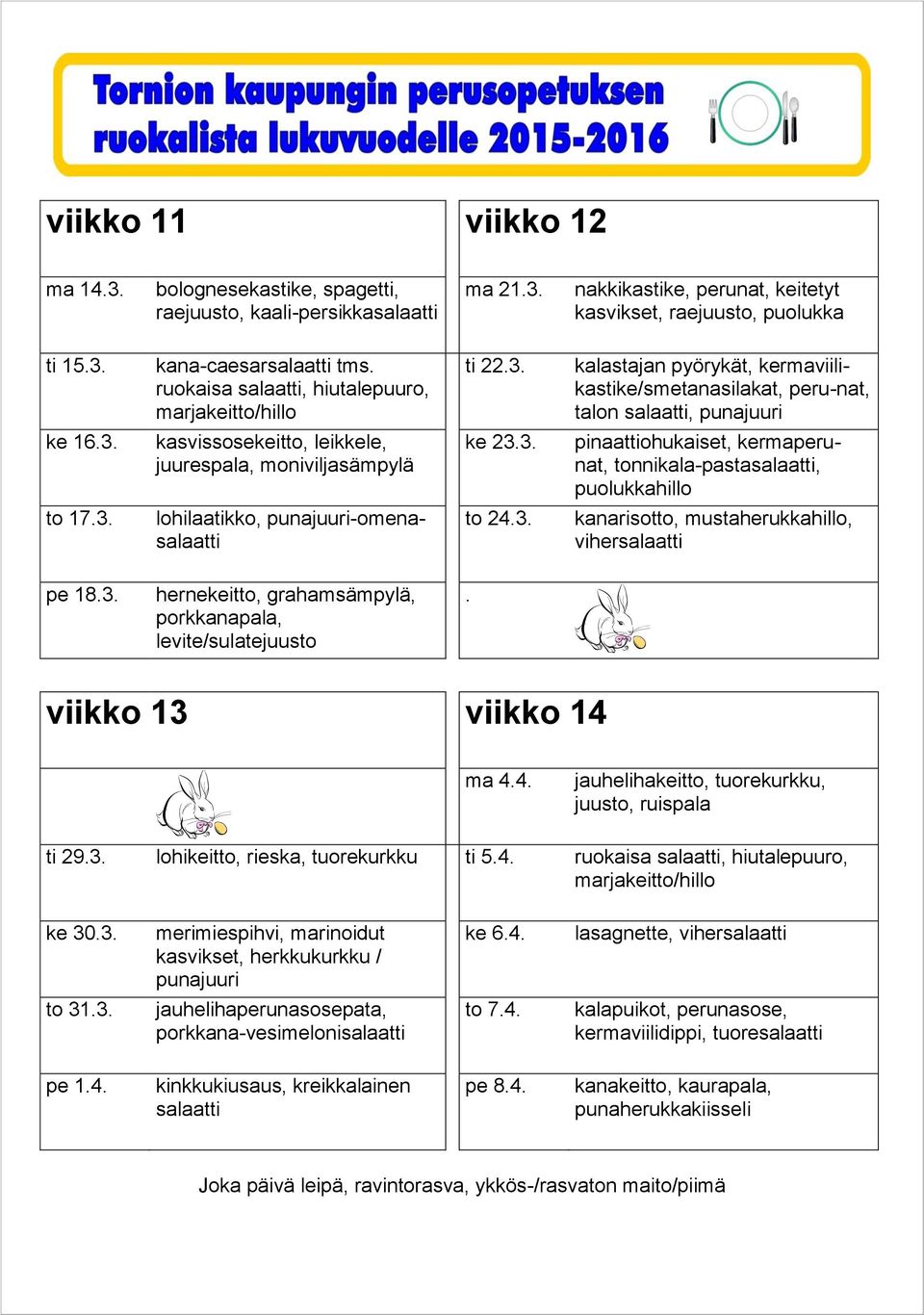 viikko 13 viikko 14 ma 4.4. jauhelihakeitto, tuorekurkku, ti 29.3. lohikeitto, rieska, tuorekurkku ti 5.4. ruokaisa, hiutalepuuro, ke 30.3. kasvikset, herkkukurkku / punajuuri ke 6.