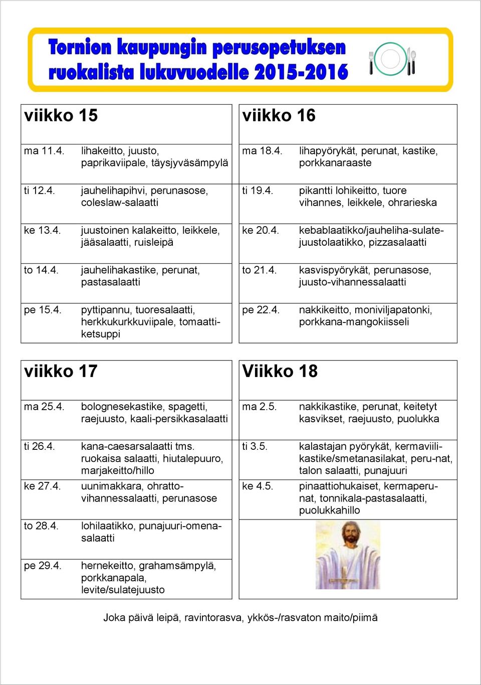 5. ti 26.4. kana-caesar tms. ruokaisa, hiutalepuuro, ti 3.5. peru-nat, talon, punajuuri ke 27.4. uunimakkara, ohrattovihannes, perunasose ke 4.5. tonnikala-, to 28.