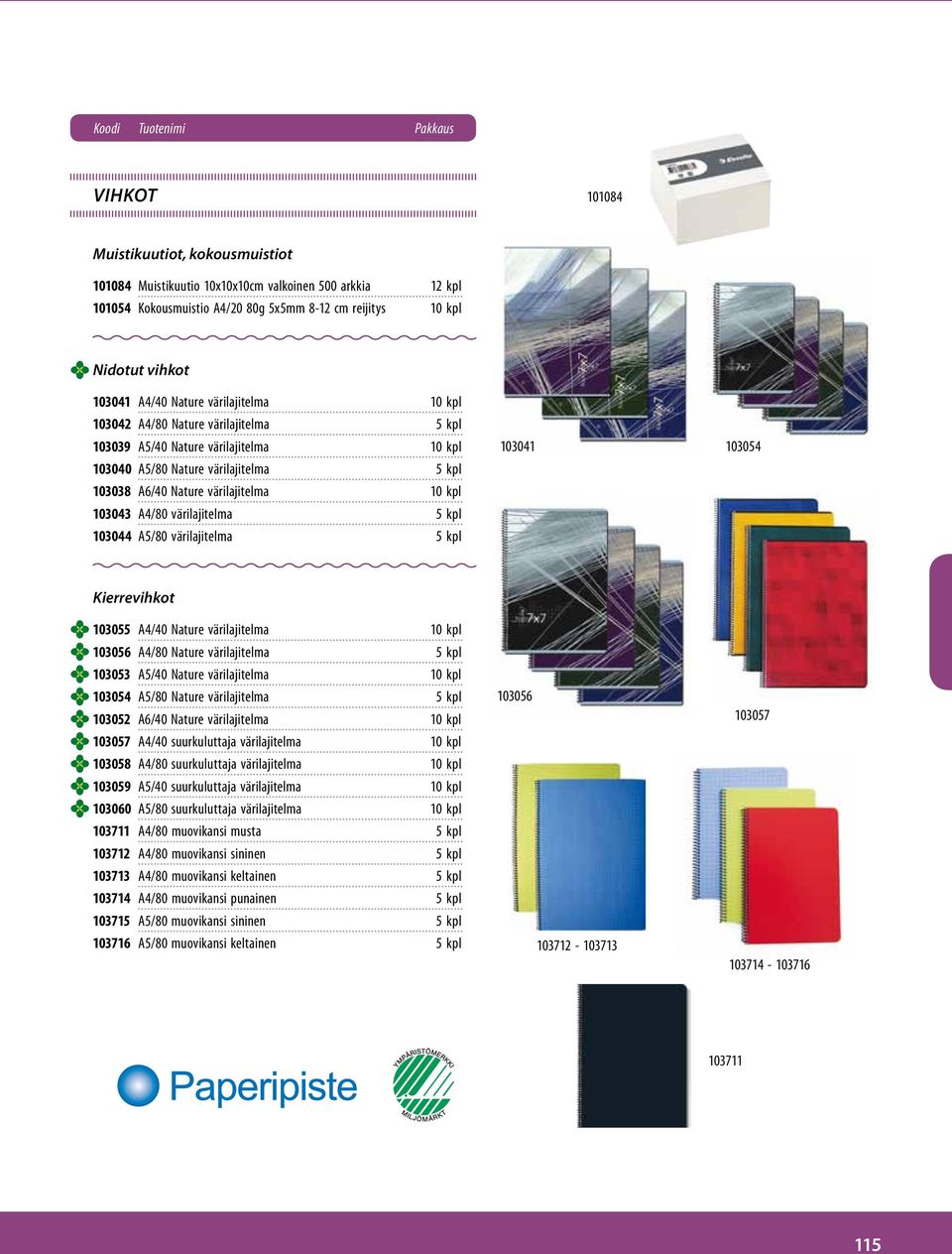 värilajitelma 10 kpl 103043 A4/80 värilajitelma 5 kpl 103044 A5/80 värilajitelma 5 kpl 103041 103054 Kierrevihkot 103055 A4/40 Nature värilajitelma 10 kpl 103056 A4/80 Nature värilajitelma 5 kpl