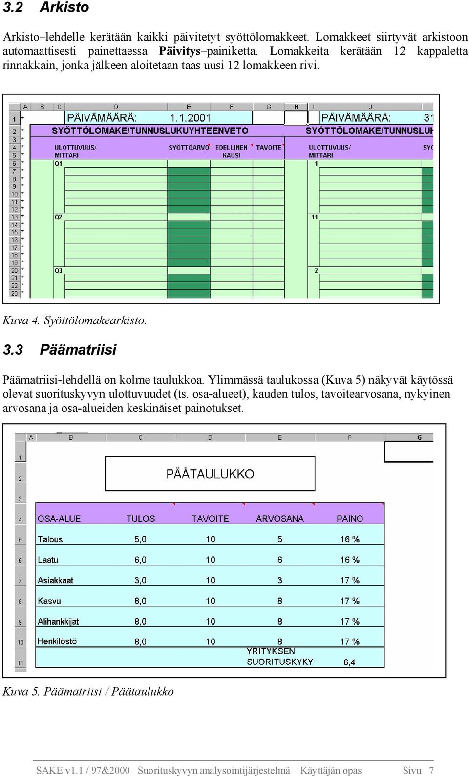 3 Päämatriisi Päämatriisi-lehdellä on kolme taulukkoa. Ylimmässä taulukossa (Kuva 5) näkyvät käytössä olevat suorituskyvyn ulottuvuudet (ts.