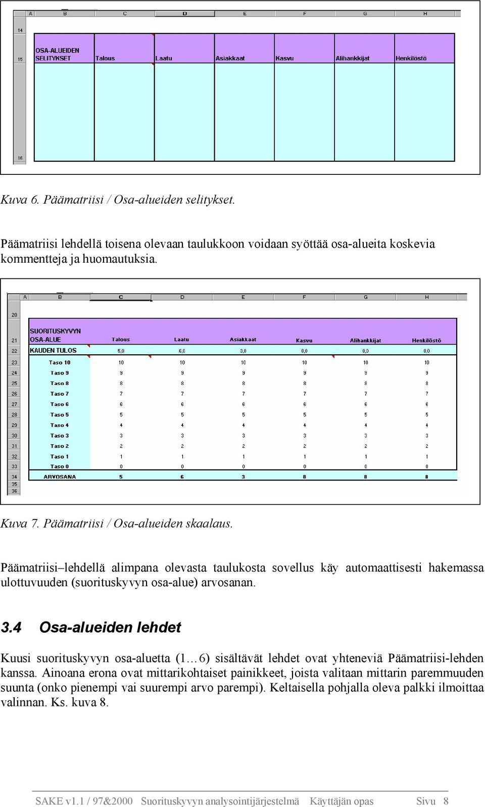 4 Osa-alueiden lehdet Kuusi suorituskyvyn osa-aluetta (1 6) sisältävät lehdet ovat yhteneviä Päämatriisi-lehden kanssa.