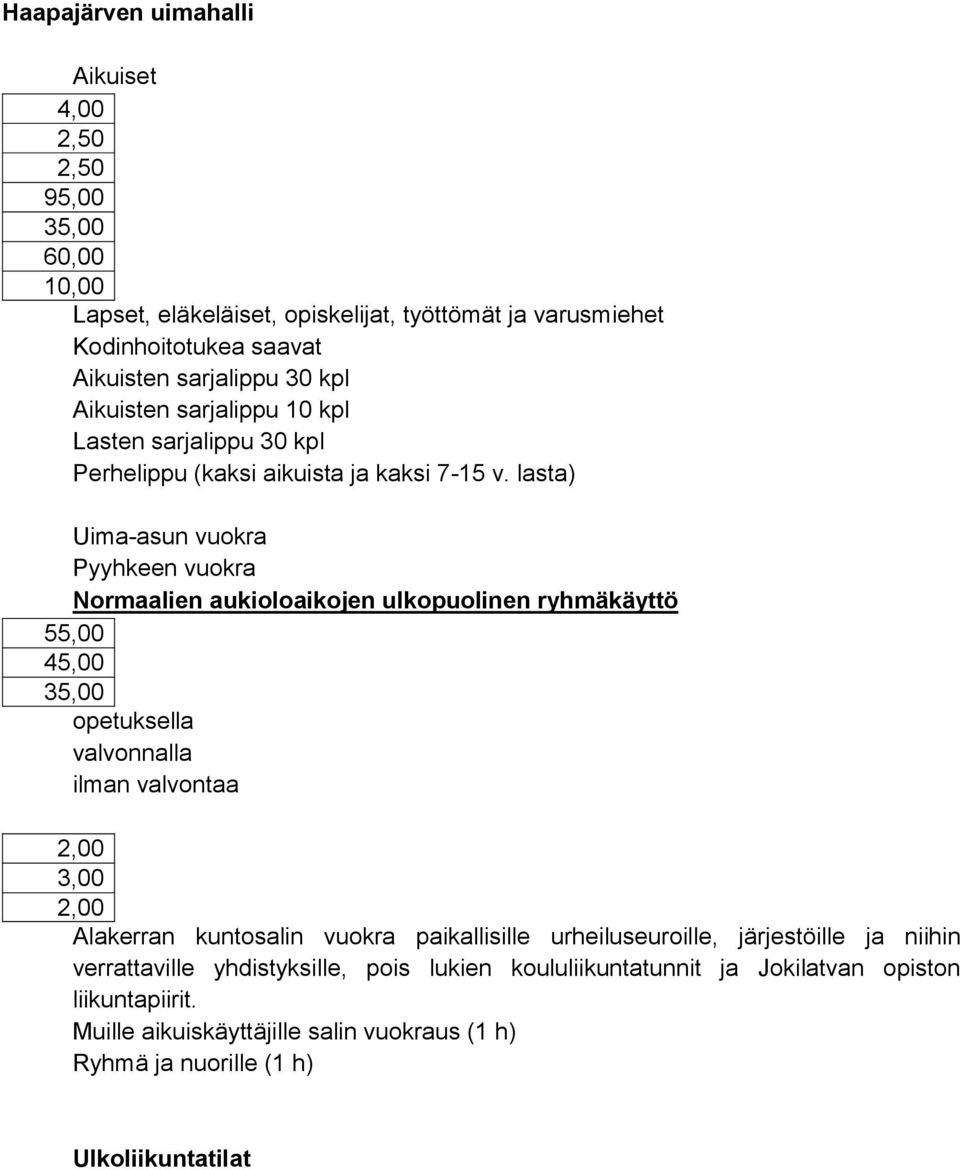 lasta) Uima-asun vuokra Pyyhkeen vuokra Normaalien aukioloaikojen ulkopuolinen ryhmäkäyttö 55,00 45,00 35,00 opetuksella valvonnalla ilman valvontaa 2,00 3,00 2,00 Alakerran